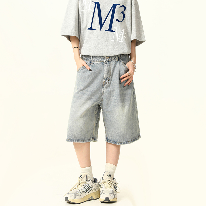 Unisex Wide-Leg Denim Shorts in Washed Blue - American Street Style Loose-Fit Summer Five-Point Pants for Casual Wear Unisex Wide-Leg Denim Shorts in Washed Blue - American Street Style Loose-Fit Summer Five-Point Pants for Casual Wear