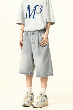 Unisex Wide-Leg Denim Shorts in Washed Blue - American Street Style Loose-Fit Summer Five-Point Pants for Casual Wear