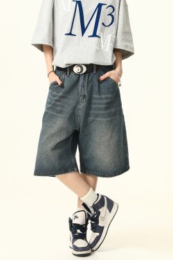 Unisex Wide-Leg Denim Shorts in Washed Blue - American Street Style Loose-Fit Summer Five-Point Pants for Casual Wear