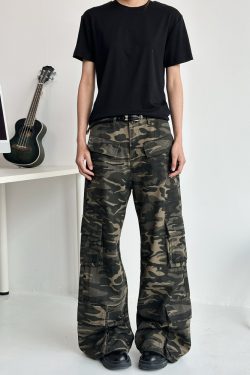 Unisex Wide-Leg Multi-Pocket Camouflage Work Pants - Retro Deconstructed American Style Casual Trousers