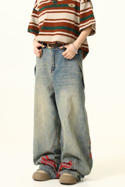 Unisex Wide-Leg Striped Denim Pants - Retro American Style Loose Trousers for Trendy Streetwear