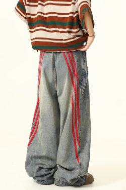 Unisex Wide-Leg Striped Denim Pants - Retro American Style Loose Trousers for Trendy Streetwear