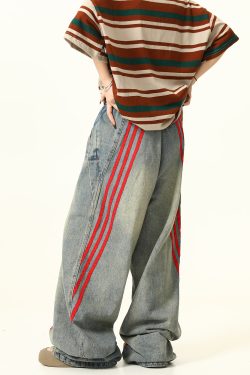 Unisex Wide-Leg Striped Denim Pants - Retro American Style Loose Trousers for Trendy Streetwear