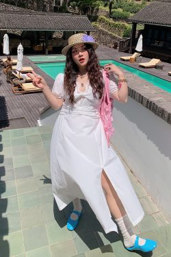 V-neck Lace Spliced Slit Dress for Women - Summer 2025 Unique Waist-Cinching Design, Trendy and Stylish