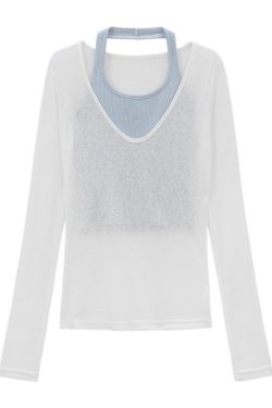 V-Neck Overlay Halter Long Sleeve Tank Top for Women - Summer Relaxed Fit, Slim Fit, Sun Protection - Perfect for Y2K Style