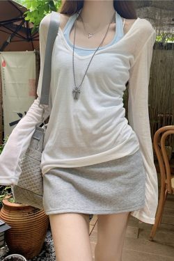 V-Neck Overlay Halter Long Sleeve Tank Top for Women - Summer Relaxed Fit, Slim Fit, Sun Protection - Perfect for Y2K Style