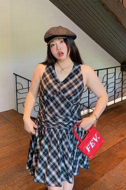 V-Neck Plaid Dress for Women, Sleeveless Summer 2025 Plus Size Short Skirt for Curvy Figures, Trendy Casual Style