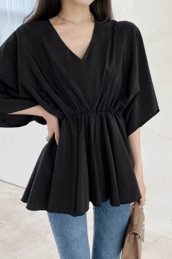 V-Neck Ruffled Batwing Sleeve Chiffon Pullover Shirt - Spring/Summer Mid-Sleeve Waist-Cinching A-Line Top in Red for Effortless Style