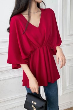 V-Neck Ruffled Batwing Sleeve Chiffon Pullover Shirt - Spring/Summer Mid-Sleeve Waist-Cinching A-Line Top in Red for Effortless Style