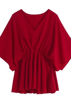 V-Neck Ruffled Batwing Sleeve Chiffon Pullover Shirt - Spring/Summer Mid-Sleeve Waist-Cinching A-Line Top in Red for Effortless Style