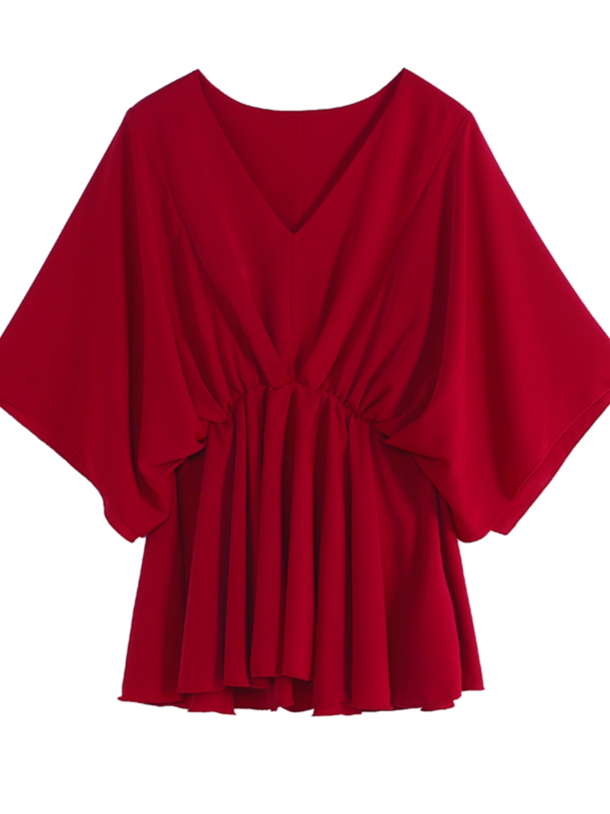 V-Neck Ruffled Batwing Sleeve Chiffon Pullover Shirt - Spring/Summer Mid-Sleeve Waist-Cinching A-Line Top in Red for Effortless Style V-Neck Ruffled Batwing Sleeve Chiffon Pullover Shirt - Spring/Summer Mid-Sleeve Waist-Cinching A-Line Top in Red for Effortless Style