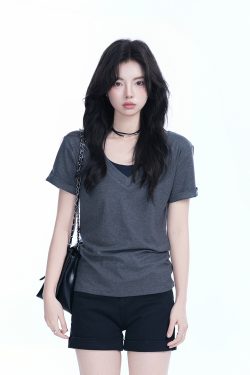V-Neck Short Sleeve T-Shirt for Women - Solid Color Gray Minimalist Casual Top, Trendy Lazy Style Fashion Essential