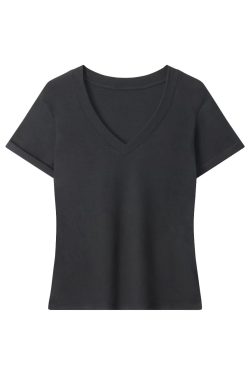 V-Neck Short Sleeve T-Shirt for Women - Solid Color Gray Minimalist Casual Top, Trendy Lazy Style Fashion Essential