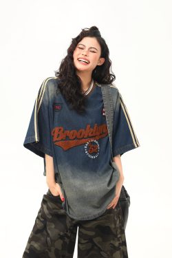 V-Neck Washed Denim Short Sleeve T-Shirt - Vintage American College Style, 2025 Summer Fashion Essential