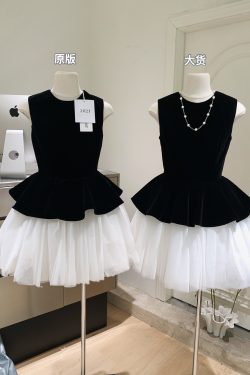 Velvet Spliced Ballet Skirt and Mesh Sleeveless Vest Dress - Princess Style Puff Skirt, Y2K Fashion, 90s Inspired