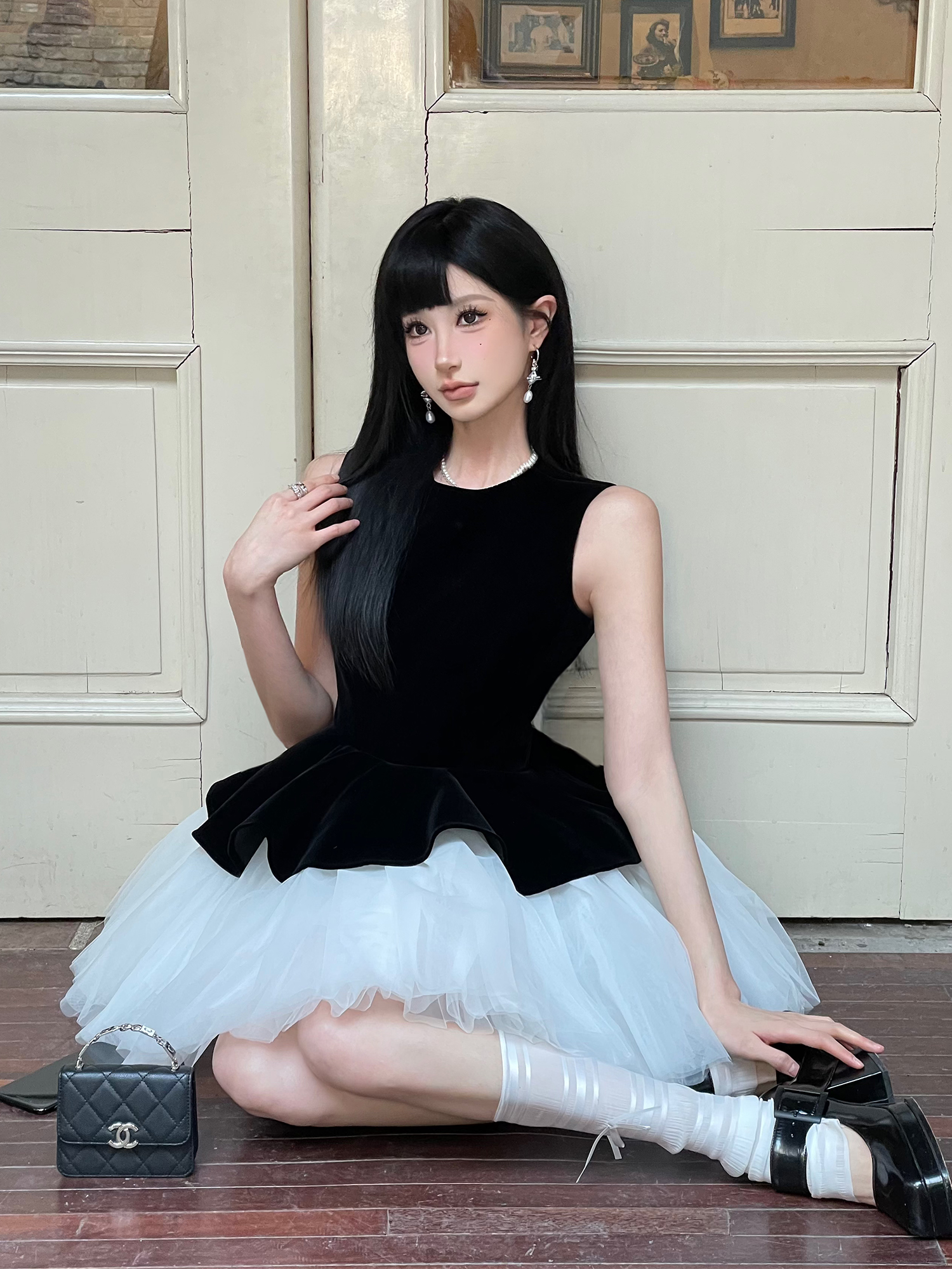 Velvet Spliced Ballet Skirt and Mesh Sleeveless Vest Dress - Princess Style Puff Skirt, Y2K Fashion, 90s Inspired Velvet Spliced Ballet Skirt and Mesh Sleeveless Vest Dress - Princess Style Puff Skirt, Y2K Fashion, 90s Inspired