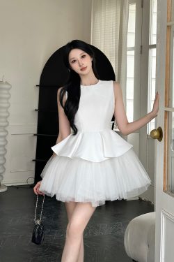 Velvet Spliced Ballet Skirt and Mesh Sleeveless Vest Dress - Princess Style Puff Skirt, Y2K Fashion, 90s Inspired