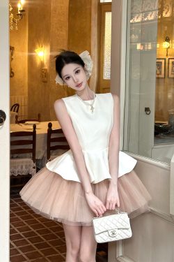 Velvet Spliced Ballet Skirt and Mesh Sleeveless Vest Dress - Princess Style Puff Skirt, Y2K Fashion, 90s Inspired