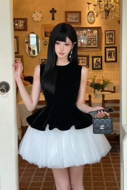 Velvet Spliced Ballet Skirt and Mesh Sleeveless Vest Dress - Princess Style Puff Skirt, Y2K Fashion, 90s Inspired
