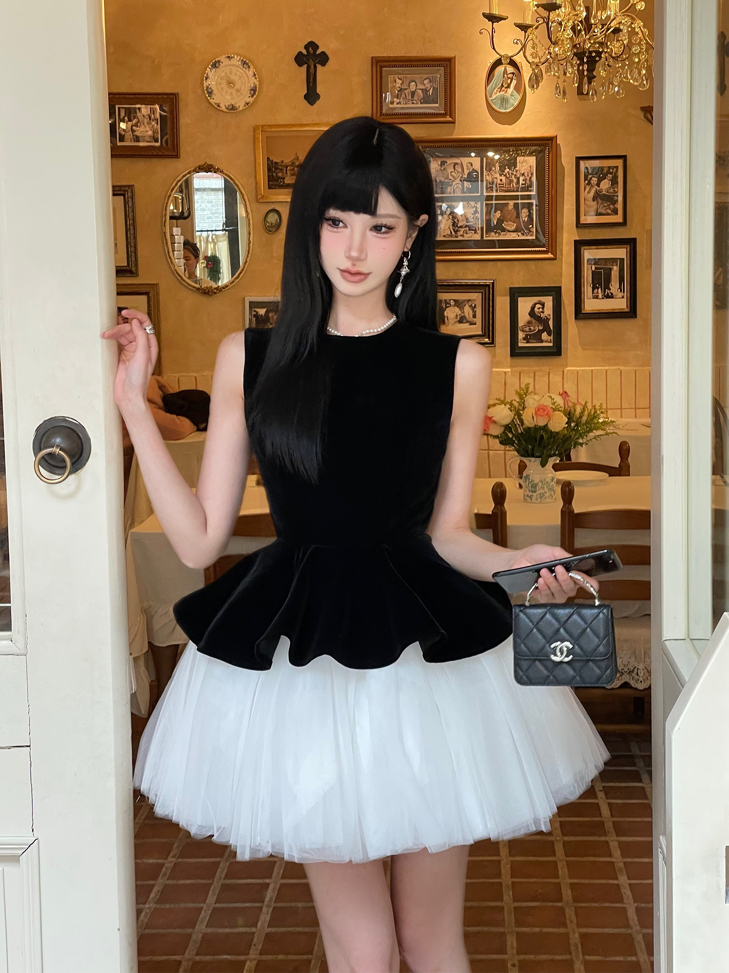 Velvet Spliced Ballet Skirt and Mesh Sleeveless Vest Dress - Princess Style Puff Skirt, Y2K Fashion, 90s Inspired Velvet Spliced Ballet Skirt and Mesh Sleeveless Vest Dress - Princess Style Puff Skirt, Y2K Fashion, 90s Inspired