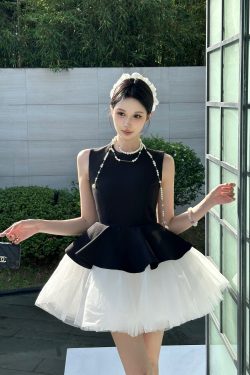 Velvet Spliced Ballet Skirt and Mesh Sleeveless Vest Dress - Princess Style Puff Skirt, Y2K Fashion, 90s Inspired