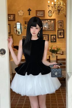 Velvet Spliced Ballet Skirt and Mesh Sleeveless Vest Dress - Princess Style Puff Skirt, Y2K Fashion, 90s Inspired