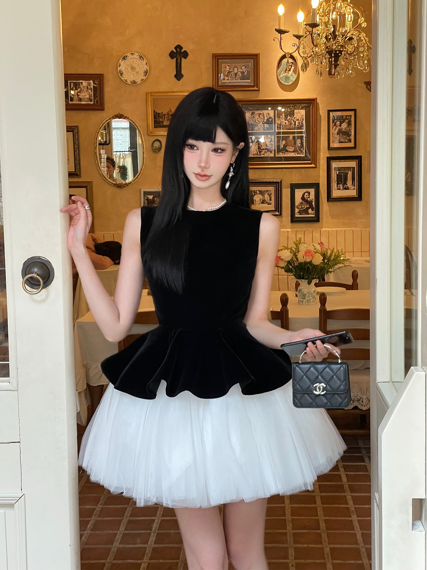 Velvet Spliced Ballet Skirt and Mesh Sleeveless Vest Dress - Princess Style Puff Skirt, Y2K Fashion, 90s Inspired Velvet Spliced Ballet Skirt and Mesh Sleeveless Vest Dress - Princess Style Puff Skirt, Y2K Fashion, 90s Inspired