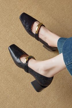 Versatile Italian One-Strap Mary Jane Shoes for Women – Genuine Leather, Square Toe, High Heels, Trendy Fashion Footwear