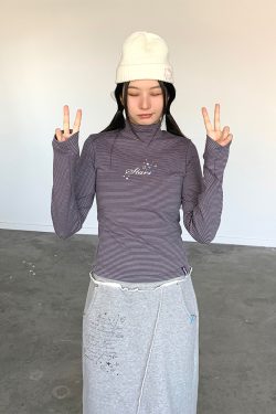 Versatile Striped High Neck Long Sleeve T-Shirt for Women - Autumn Winter Fashion Essential, Cozy Layering Top