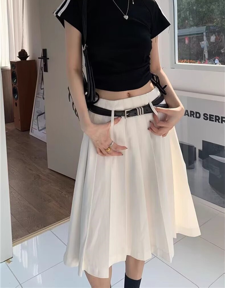 Versatile White High-Waisted Pleated A-Line Skirt for Women - Plus Size Mid-Length JK Style Over-the-Knee Half Skirt Versatile White High-Waisted Pleated A-Line Skirt for Women - Plus Size Mid-Length JK Style Over-the-Knee Half Skirt