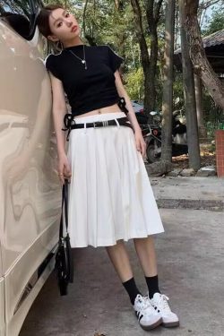 Versatile White High-Waisted Pleated A-Line Skirt for Women - Plus Size Mid-Length JK Style Over-the-Knee Half Skirt