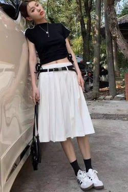 Versatile White High-Waisted Pleated A-Line Skirt for Women - Plus Size Mid-Length JK Style Over-the-Knee Half Skirt