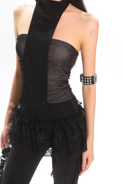 Vietnam-Style Rhinestone-Embellished Halter Top for Women - Summer Fake Two-Piece, Slimming Mesh Design