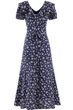 Vintage 2025 Summer V-Neck Floral Dress for Women - Blue Vacation Style, Age-Reducing Look, Perfect for 90s and Y2K Fashion