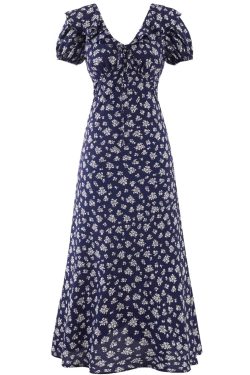 Vintage 2025 Summer V-Neck Floral Dress for Women - Blue Vacation Style, Age-Reducing Look, Perfect for 90s and Y2K Fashion