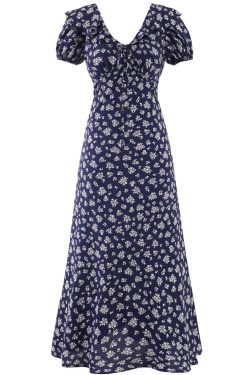 Vintage 2025 Summer V-Neck Floral Dress for Women - Blue Vacation Style, Age-Reducing Look, Perfect for 90s and Y2K Fashion