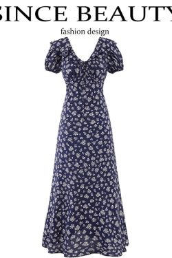 Vintage 2025 Summer V-Neck Floral Dress for Women - Blue Vacation Style, Age-Reducing Look, Perfect for 90s and Y2K Fashion