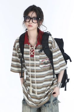 Vintage American Color-Blocked Striped Polo Shirt for Women - Unique Design, Loose Fit, Short Sleeves, 90s Retro Style