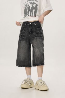 Vintage American Denim Capris for Men & Women, Water Wave Pattern, Loose Wide-Leg, Mid-Length, Street Style Fashion