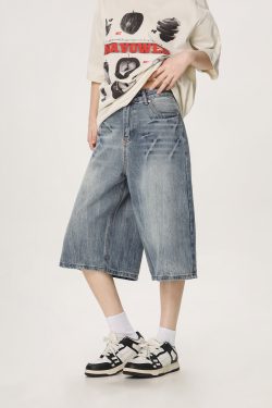 Vintage American Denim Capris for Men & Women, Water Wave Pattern, Loose Wide-Leg, Mid-Length, Street Style Fashion