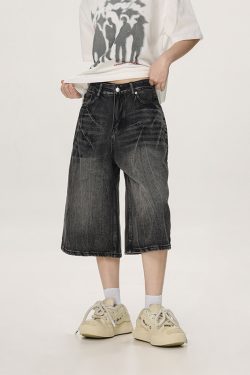 Vintage American Denim Capris for Men & Women, Water Wave Pattern, Loose Wide-Leg, Mid-Length, Street Style Fashion