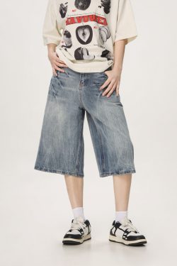 Vintage American Denim Capris for Men & Women, Water Wave Pattern, Loose Wide-Leg, Mid-Length, Street Style Fashion