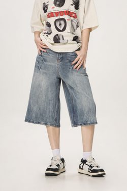 Vintage American Denim Capris for Men & Women, Water Wave Pattern, Loose Wide-Leg, Mid-Length, Street Style Fashion