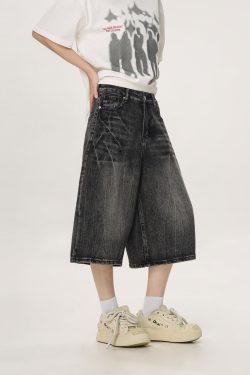 Vintage American Denim Capris for Men & Women, Water Wave Pattern, Loose Wide-Leg, Mid-Length, Street Style Fashion