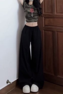 Vintage American Elastic Waist Cargo Pants for Women, Loose Straight Leg Parachute Trousers, Casual 90s Sports Style Floor-Length Pants