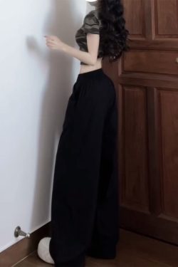 Vintage American Elastic Waist Cargo Pants for Women, Loose Straight Leg Parachute Trousers, Casual 90s Sports Style Floor-Length Pants