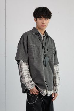 Vintage American Plaid Short-Sleeve Shirt for Men - Retro Workwear Style, Washed Summer Essential 2025