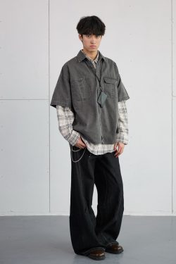 Vintage American Plaid Short-Sleeve Shirt for Men - Retro Workwear Style, Washed Summer Essential 2025