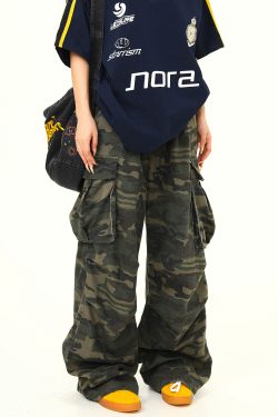Vintage American Retro Camouflage Work Pants for Women, Washed Finish, Trendy Hip-Hop Street Dance Style