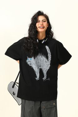 Vintage American Street Cat Short Sleeve T-Shirt for Men and Women, Loose Fit, Niche Design, Versatile Couple Style